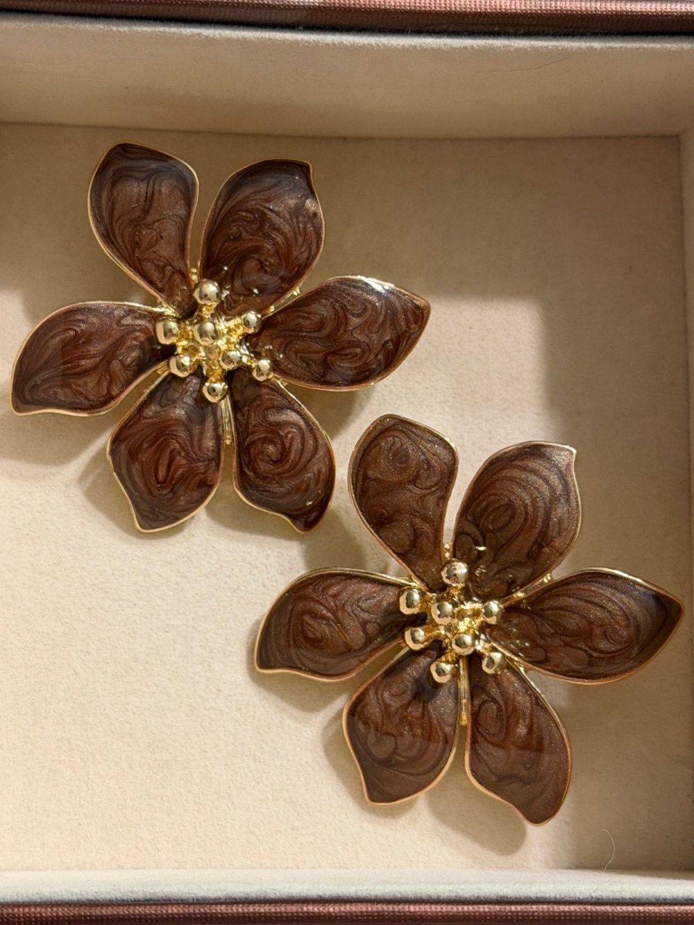 Golden Brown Exaggerated Petal Flower Drip Oil Stud Statement Earrings